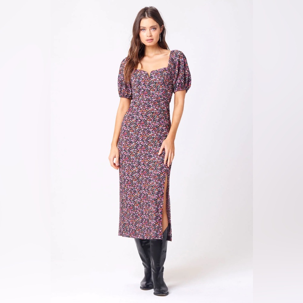 NWT saltwater LUXE Multi-Color Floral Midi Dress with Puff Sleeves